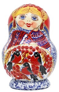 Матрешка "Снегири", фигурная, красно-синяя, 10 мест, 16 см.